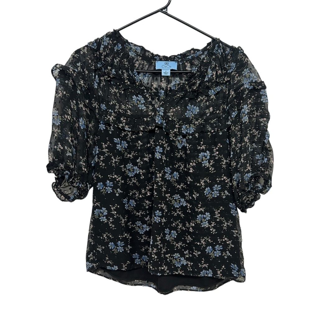 Floral Ruffle Puff Sleeve‎ Blouse S Black Blue Cottagecore Romantic Indie